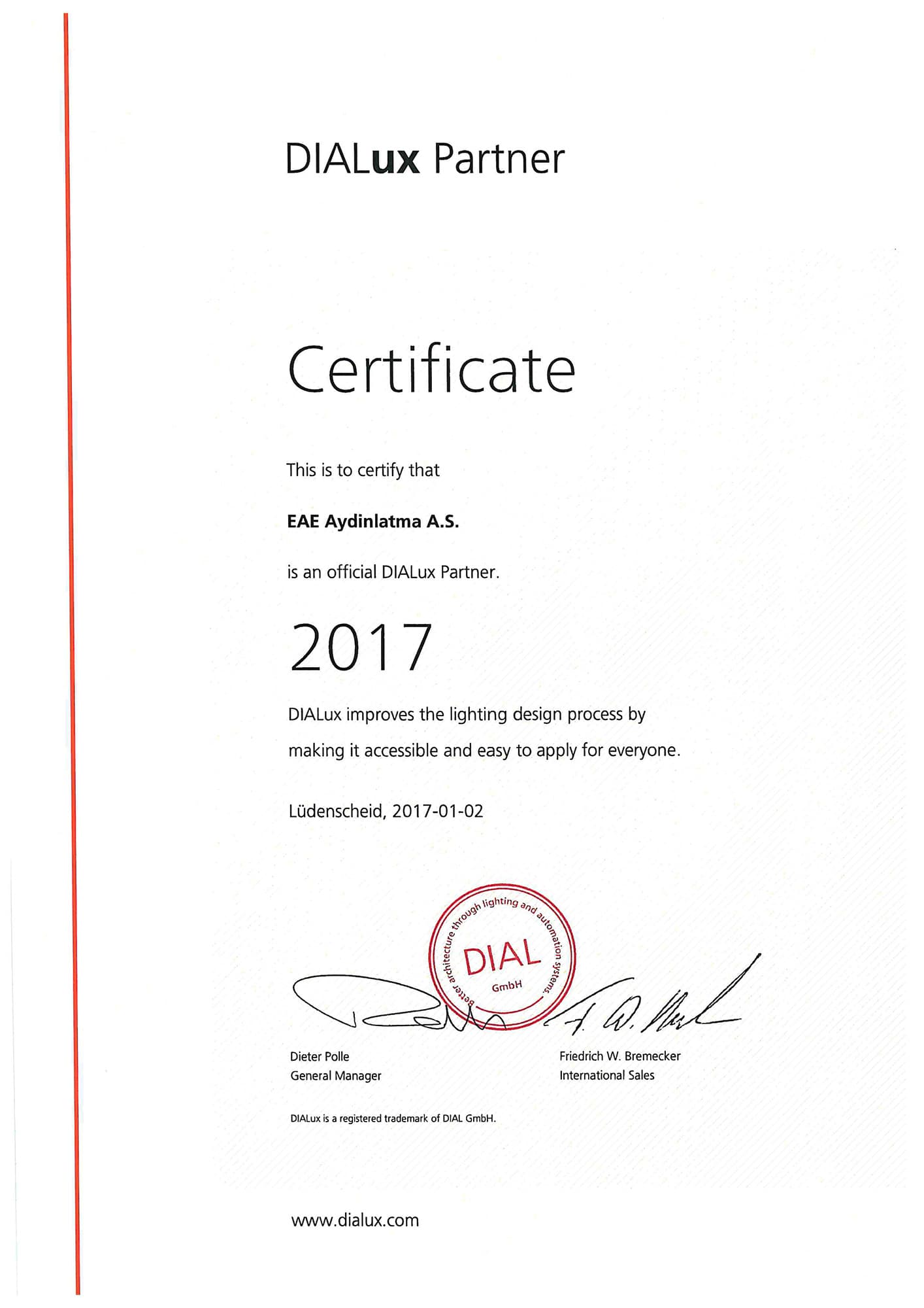 EAE Dial Certificate